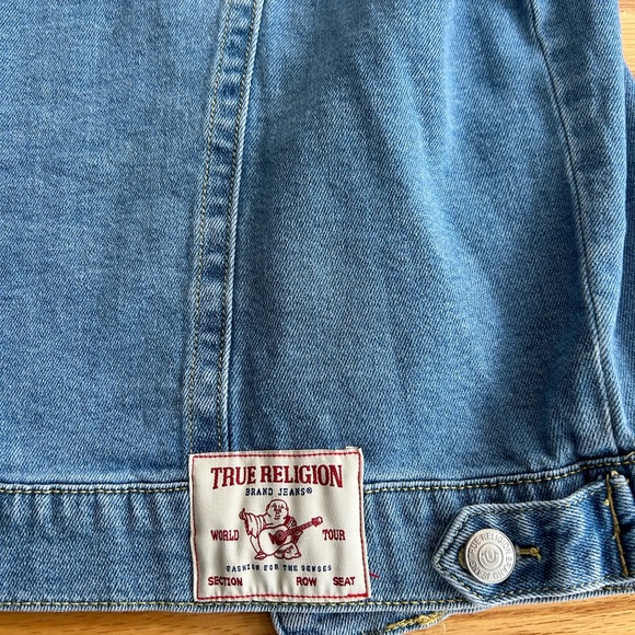 True Religion Denim Sparkle Jean Jacket Rhinestone Trim Sleeves Size Medium Y2K - Picture 6 of 12